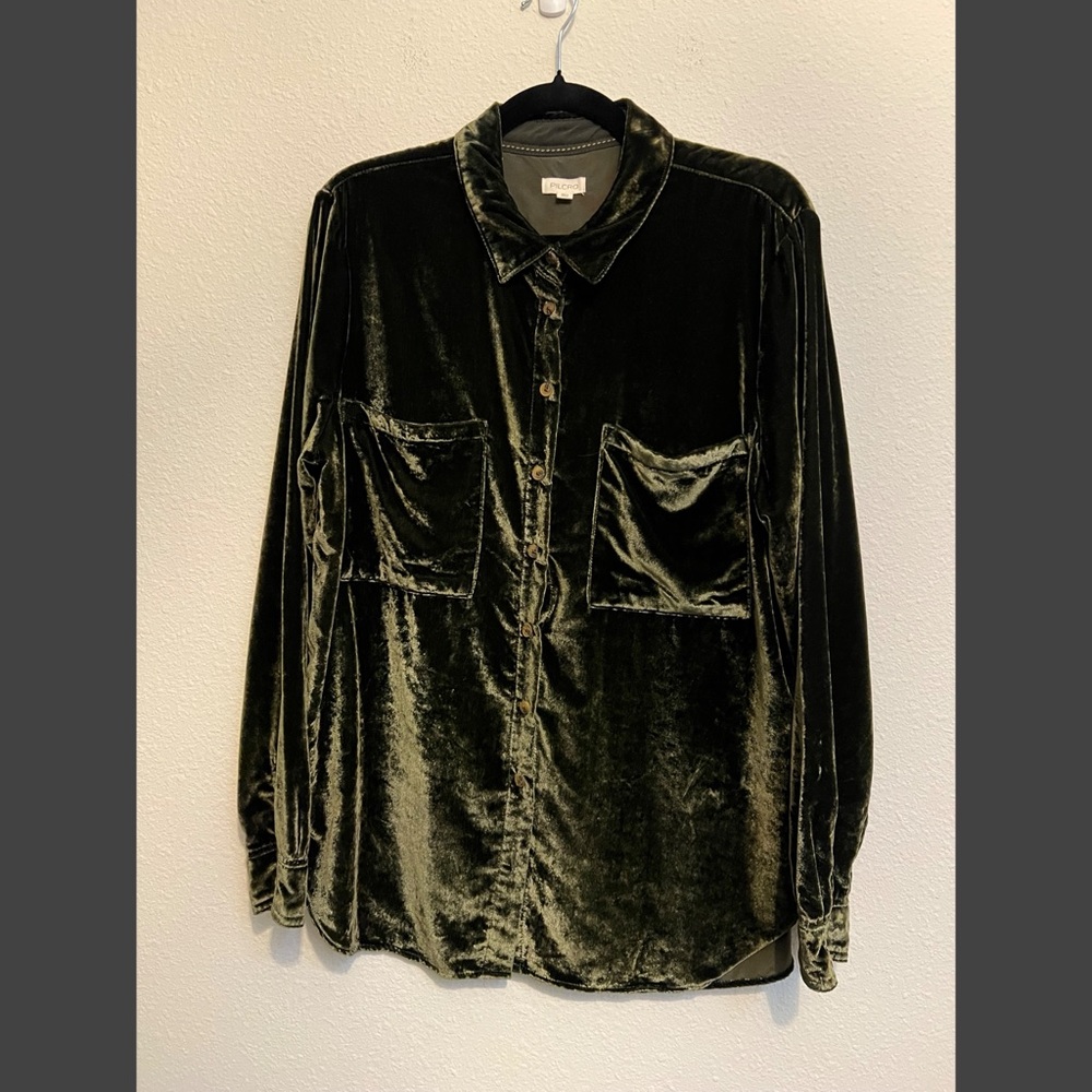 #1607 Anthropologie Pilcro Relaxed Velvet green button down top Large - Picture 4 of 6